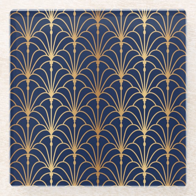 Oriental Elegance: Golden Fan Pattern Glass Coaster (Front)