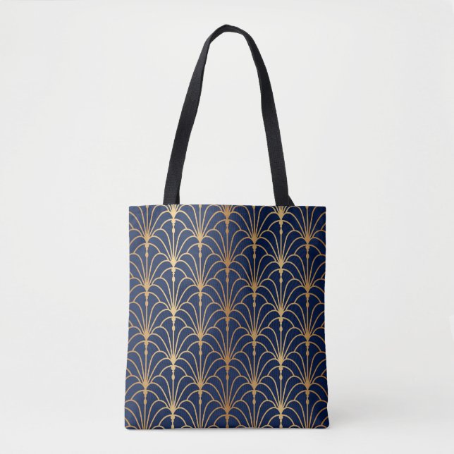 Oriental Elegance: Golden Fan Pattern Tote Bag (Front)