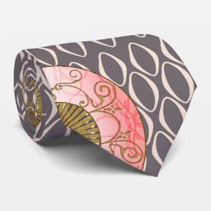 Oriental Fans on Retro Loop (Pink, Gold, Taupe) Tie
