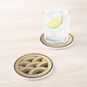 Oriental Faux Golden Waves Japanese Kamon Coaster