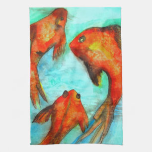 Oriental Fish watercolor art Zen Kitchen Towel