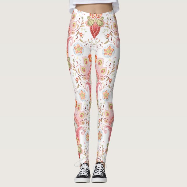 Oriental Flair: Damask Peacock Paisley Leggings (Front)
