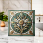 Oriental Floral Ornament Tile - Green and Gold