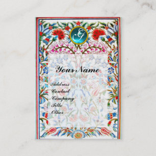 ORIENTAL FLOWERS DAMASK MONOGRAM Blue Aquamarine Business Card