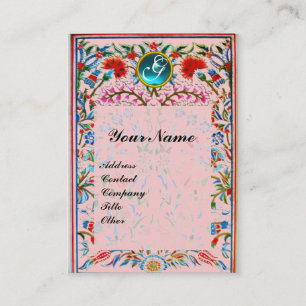 ORIENTAL FLOWERS DAMASK MONOGRAM Blue Aquamarine Business Card