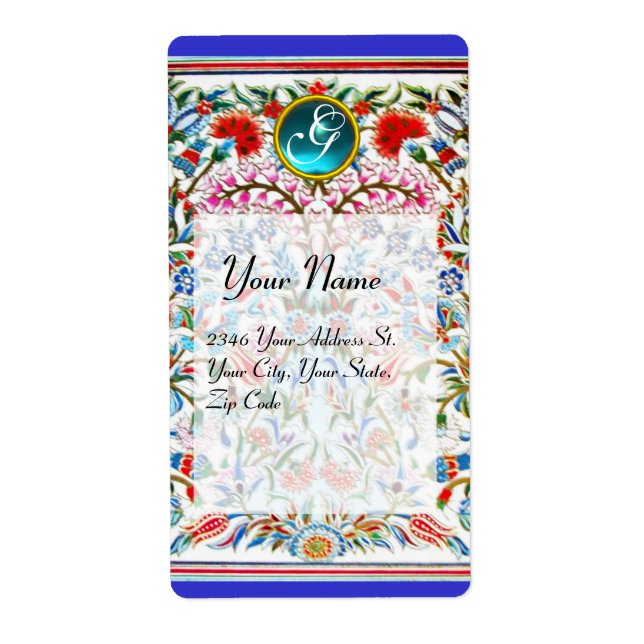 ORIENTAL  FLOWERS DAMASK MONOGRAM Blue Red (Front)