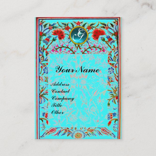 ORIENTAL  FLOWERS DAMASK MONOGRAM Blue Turquase Business Card (Front)