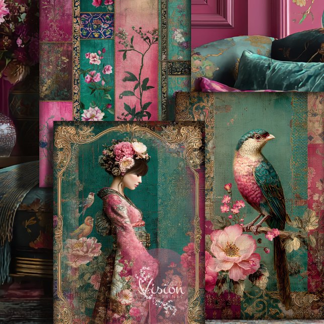 Oriental Garden, Portrait, Bird, Patchwork, Floral Wrapping Paper Sheet (Oriental Garden, Portrait, Bird, Floral, Chinoiserie Patchwork Collage, Heavyweight Decoupage.)