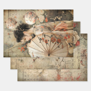 Oriental Geisha Esthetics Heavy Weight Decoupage  Wrapping Paper Sheet