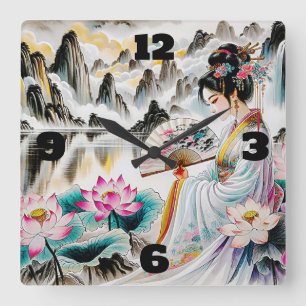 Oriental Geisha Lady, Mountains and Lotus Square Wall Clock