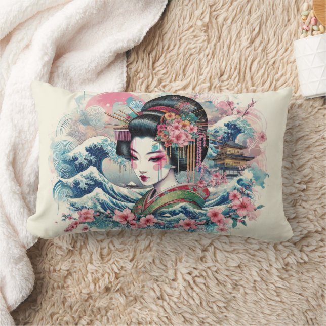 Oriental Geisha Maiko Kanagawa waves temple Lumbar Pillow (Blanket)