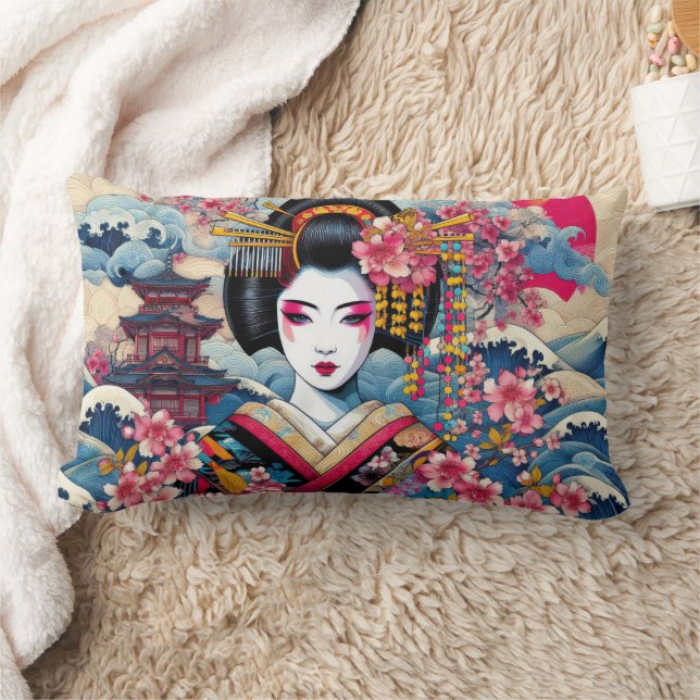 Oriental Geisha Maiko Kanagawa waves temple Lumbar Pillow (Blanket)