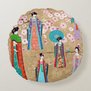 Oriental girl in retro costumejapanese, chinese, a round pillow