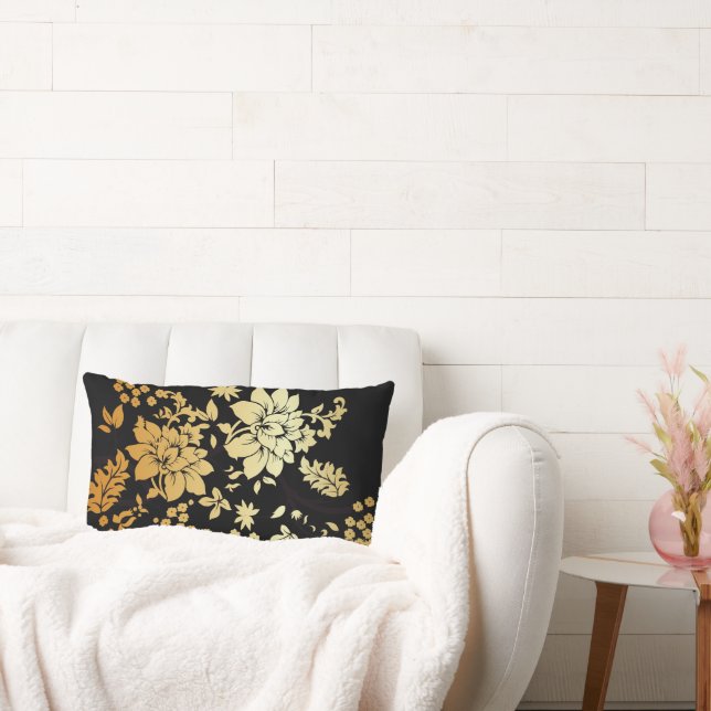 Oriental Golden Flowers on Black Lumbar Pillow (Couch)