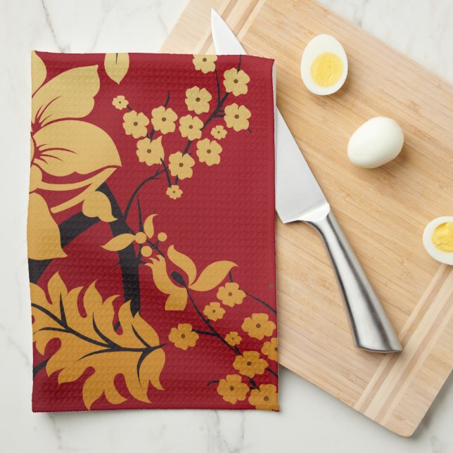 Oriental Golden Flowers on Red Kitchen Towel (Quarter Fold)