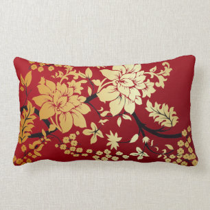 Oriental Golden Flowers on Red Lumbar Pillow