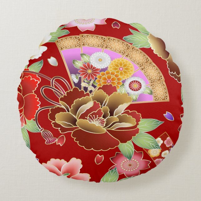 Oriental hand fan japanese floral round pillow (Front)