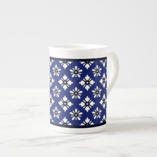 Oriental Indigo White Katazome Flowers Pattern Bone China Mug