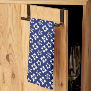 Oriental Indigo White Katazome Flowers Pattern Kitchen Towel