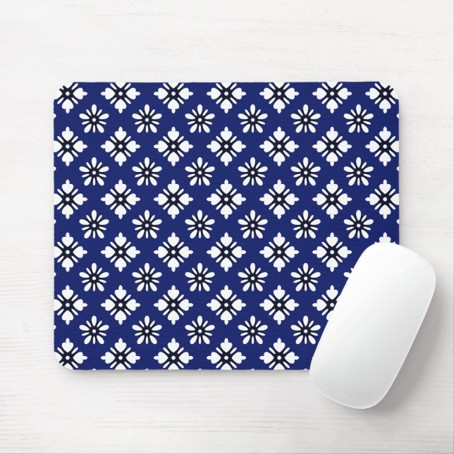 Oriental Indigo White Katazome Flowers Pattern Mouse Pad (With Mouse)