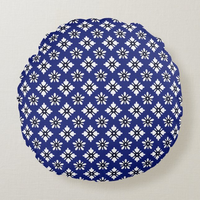 Oriental Indigo White Katazome Flowers Pattern Round Pillow (Front)