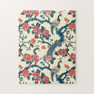 Oriental-Inspired Floral & Peafowl Bird Jigsaw Puzzle