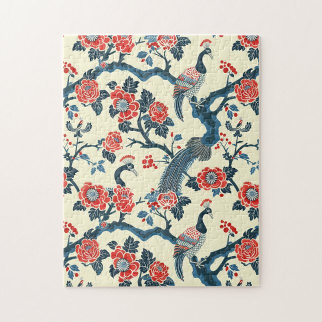 Oriental-Inspired Floral & Peafowl Bird Jigsaw Puzzle (Vertical)
