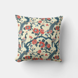 Oriental-Inspired Floral & Peafowl Bird Throw Pillow