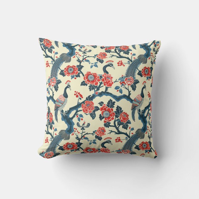 Oriental-Inspired Floral & Peafowl Bird Throw Pillow (Front)