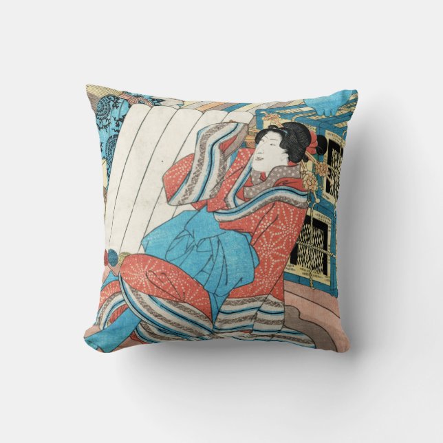 Oriental japanese lady in kimono maiko geisha art throw pillow (Front)