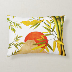 Oriental Japanese Mountain Sunrise With Bamboo Accent Pillow