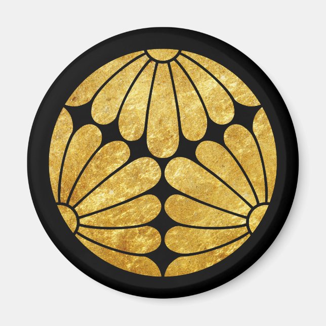 Oriental Kiku Chrysanthemum Mon Faux Gold Black Magnet (Front)