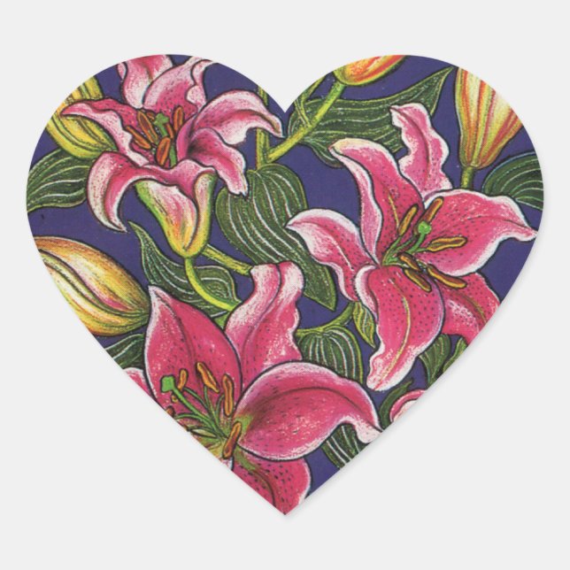 Oriental Lilies Heart Sticker (Front)