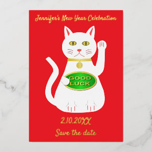 Oriental Lucky Cat Chinese New Year Save the Date Foil Holiday Card