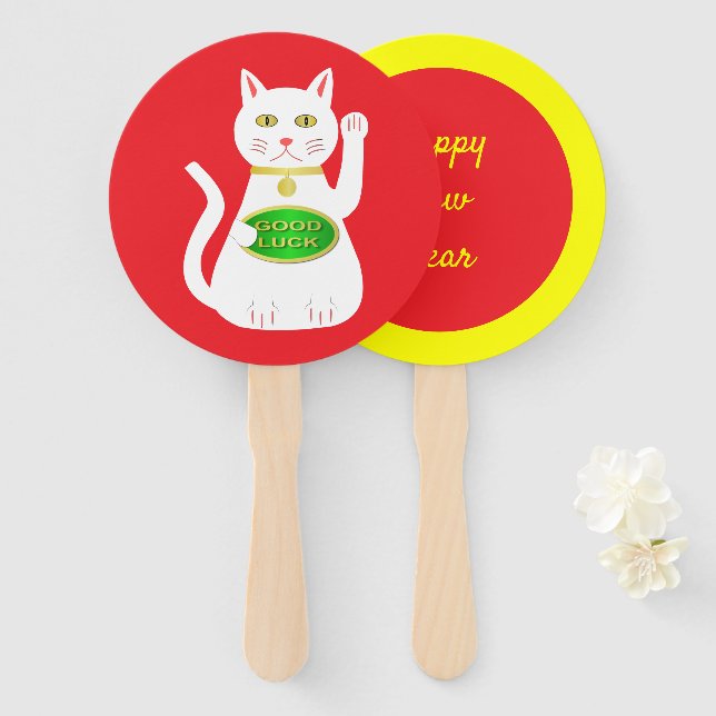 Oriental Lucky Cat Custom Chinese New Year Hand Fan (Front and Back)