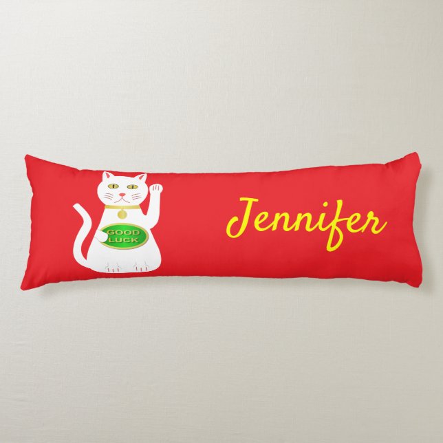 Oriental Lucky Cat Custom Name Body Pillow (Front)