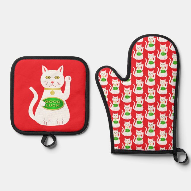 Oriental Lucky Cat Oven Mitt & Pot Holder Set (Front)