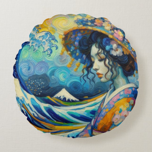 Oriental Maiko Geisha Kanagawa waves Van Gogh mix Round Pillow (Front)