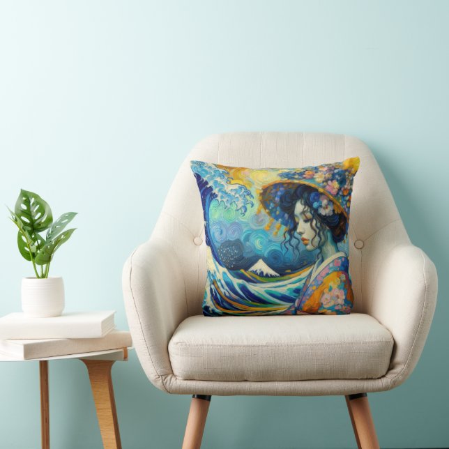 Oriental Maiko Geisha Kanagawa waves Van Gogh mix Throw Pillow (Chair)