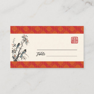 Oriental modern red flower bird Chinese wedding Place Card