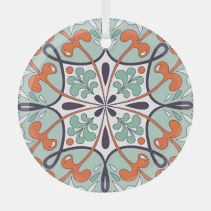 Oriental Moroccan Tile Floral Design Glass Ornament