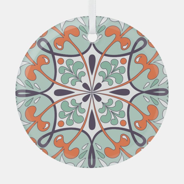 Oriental Moroccan Tile Floral Design Glass Ornament (Front)