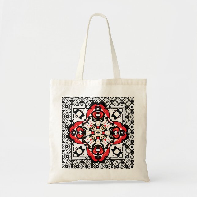 Oriental Motif Folk Art Red Damask Tote Bag (Front)