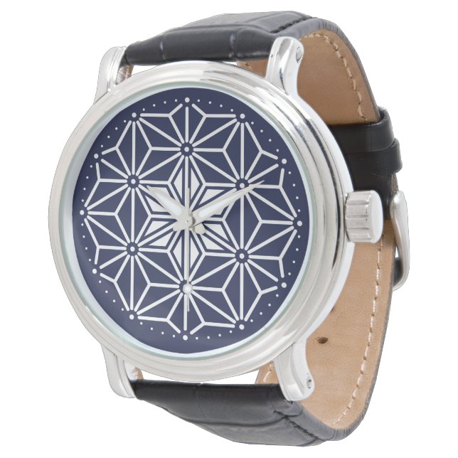 Oriental Navy Blue White Asanoha Japan Pattern Watch (Angled)