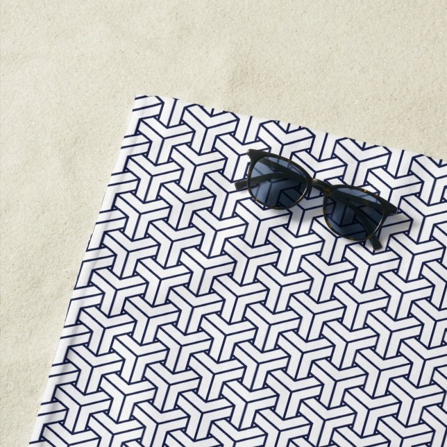 Oriental Navy Blue White Japan Bishamon Pattern Beach Towel (In Situ)