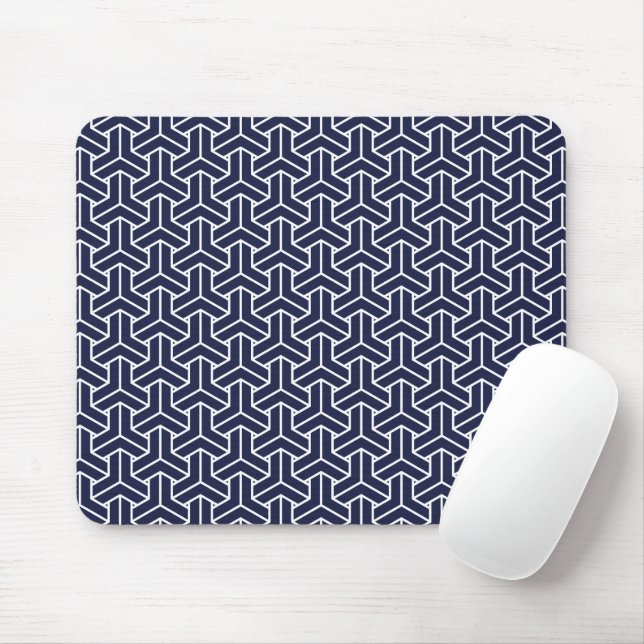 Oriental Navy Blue White Japan Bishamon Pattern Mouse Pad (With Mouse)
