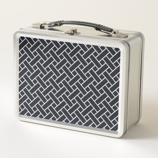 Oriental Navy Blue White Japan Weaving Pattern Metal Lunch Box (Front)