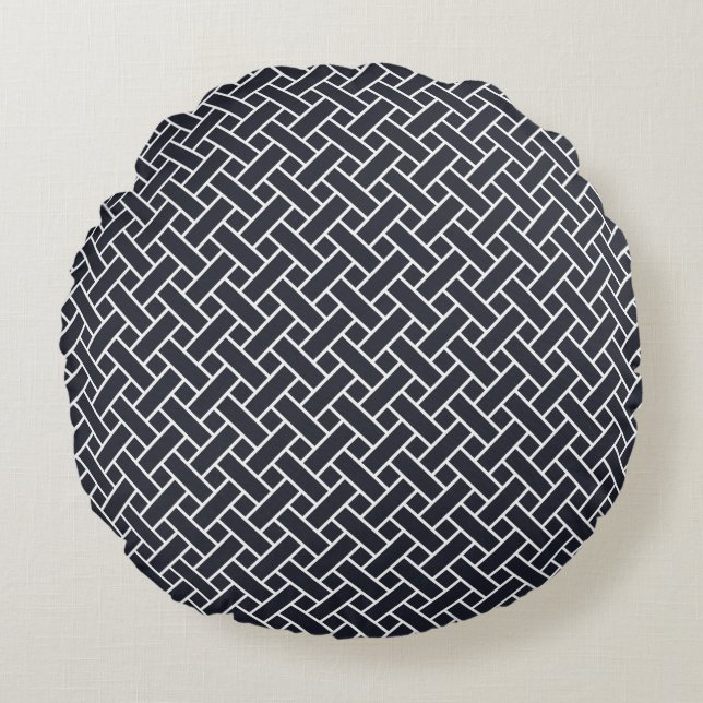 Oriental Navy Blue White Japan Weaving Pattern Round Pillow (Front)