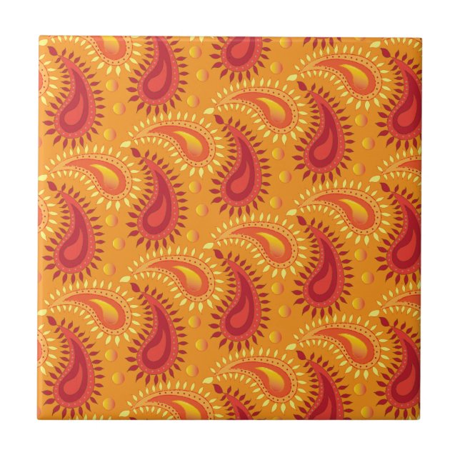 Oriental Orange Persian Paisley Pattern Tile (Front)