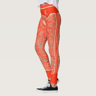 Oriental Orange Red Arabesques Monogram Customized Leggings